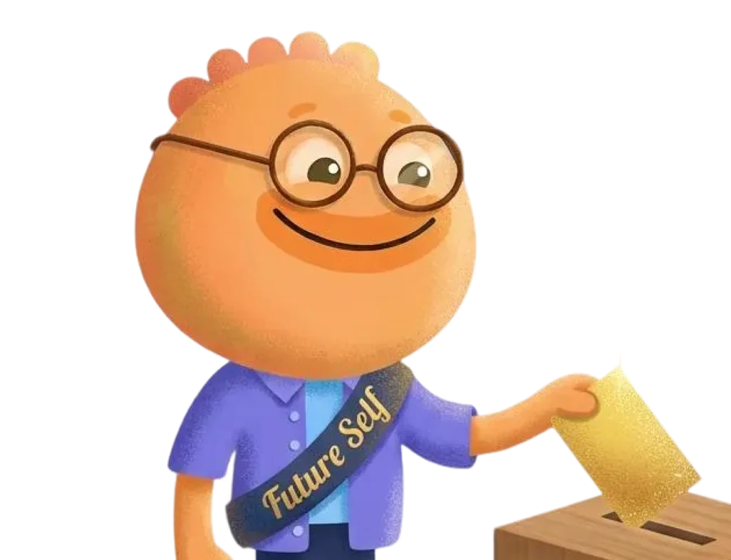 Habi mascot wearing a Future Self sash casting a vote into a ballot box for identity-based habits