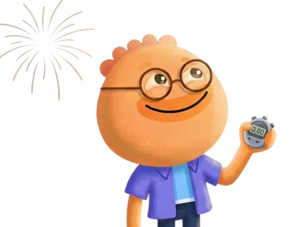 Habi mascot holding a stopwatch with fireworks in the background to track time that matters